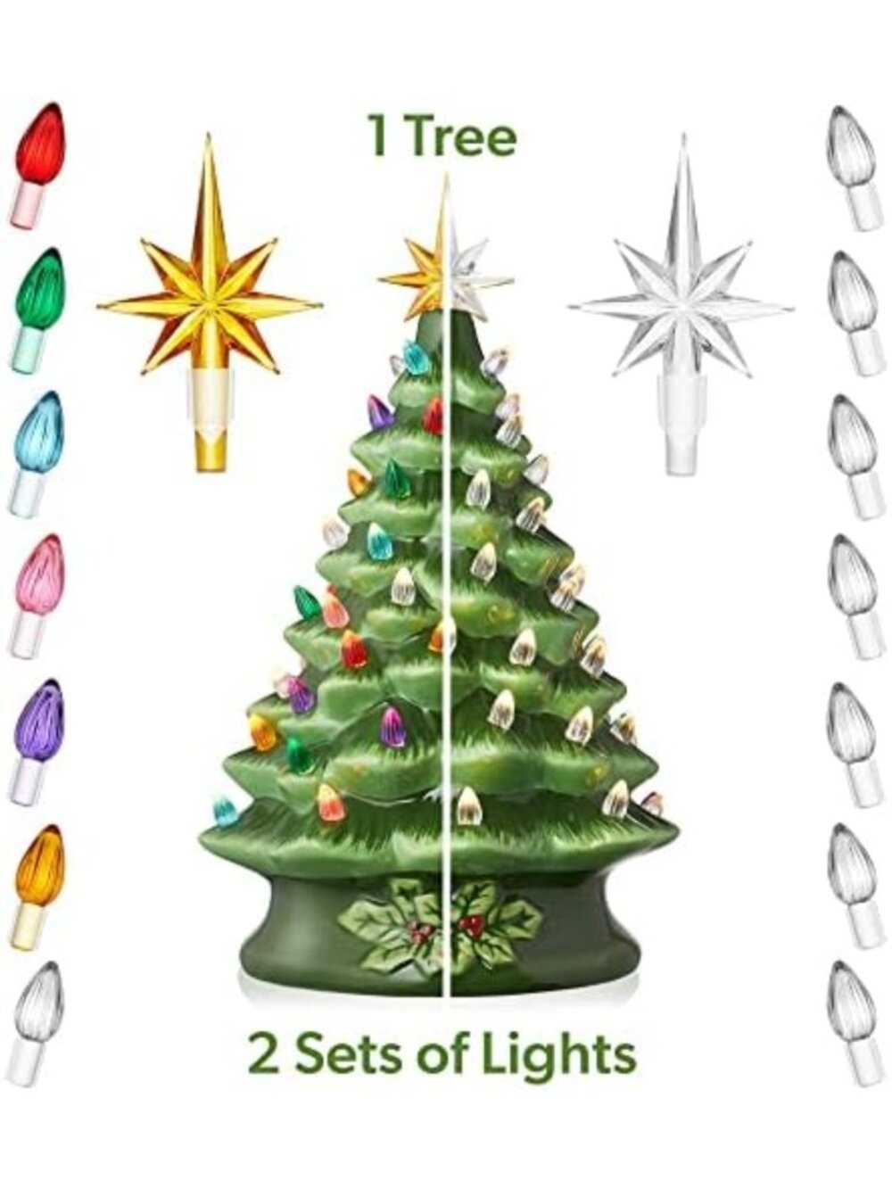 Hand Painted 15-Inch Ceramic Christmas Tree, Pre-Lit with 128 Multi-Color Lights - Picture 2 of 6